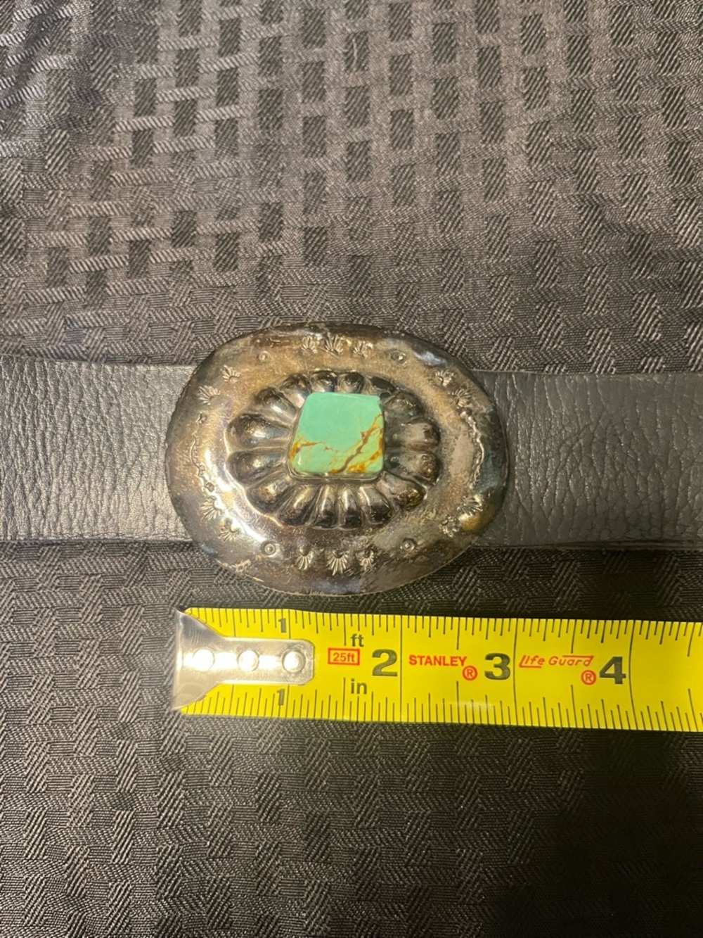 Navajo Vintage Black Leather Belt with 3 Sterling SilverTurquoise-Accent conchos - Picture 4 of 10